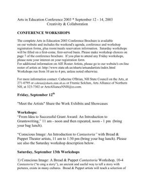 Arts in Education Conference 2003 * September 12 - 14, 2003 Creativity & Collaboration