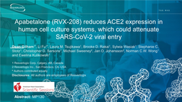 Apabetalone (RVX-208) Reduces ACE2 Expression in Human Cell Culture Systems, Which Could Attenuate SARS-Cov-2 Viral Entry