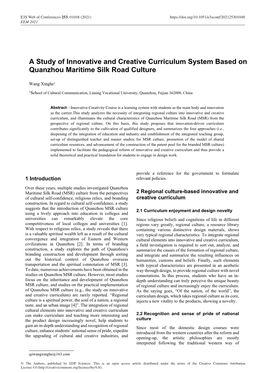 A Study of Innovative and Creative Curriculum System Based on Quanzhou Maritime Silk Road Culture