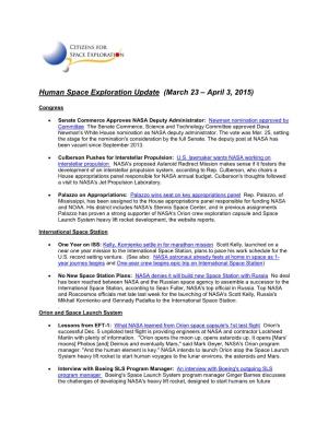 Human Space Exploration Update (March 23 – April 3, 2015)