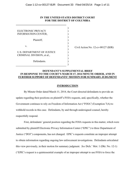 Defendant's Supplemental Brief in Response to the Court's March 17