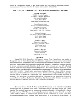 The Ecology and Abundance of Hymenoxys Texana (Asteraceae)