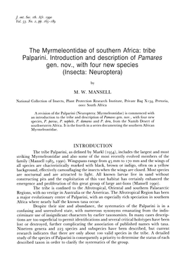 The Myrmeleontidae of Southern Africa: Tribe Palparini. Introduction and Description of Pamares Gen