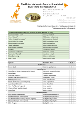 Checklist of Bird Species Found on Bruny Island Bruny Island Bird Festival 2018 INALA-BRUNY ISLAND PTY LTD Dr