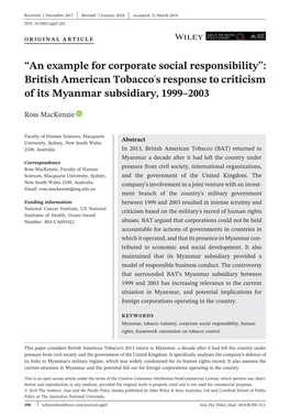 British American Tobacco's Response to Criticism of Its Myanmar Subsidiary, 1999–2003