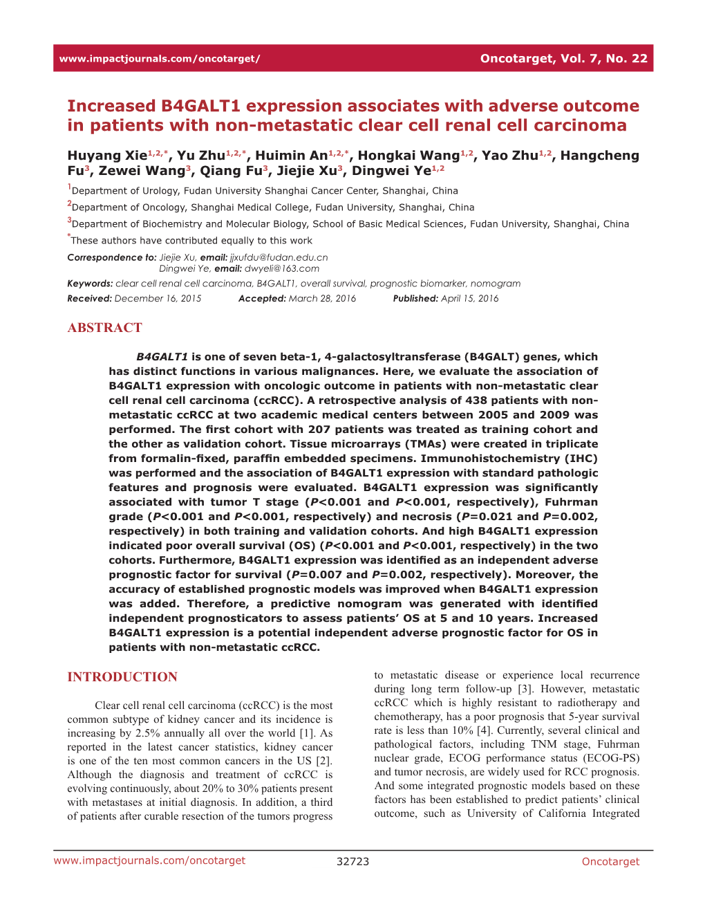 Increased B4GALT1 Expression Associates with Adverse Outcome in Patients with Non-Metastatic Clear Cell Renal Cell Carcinoma