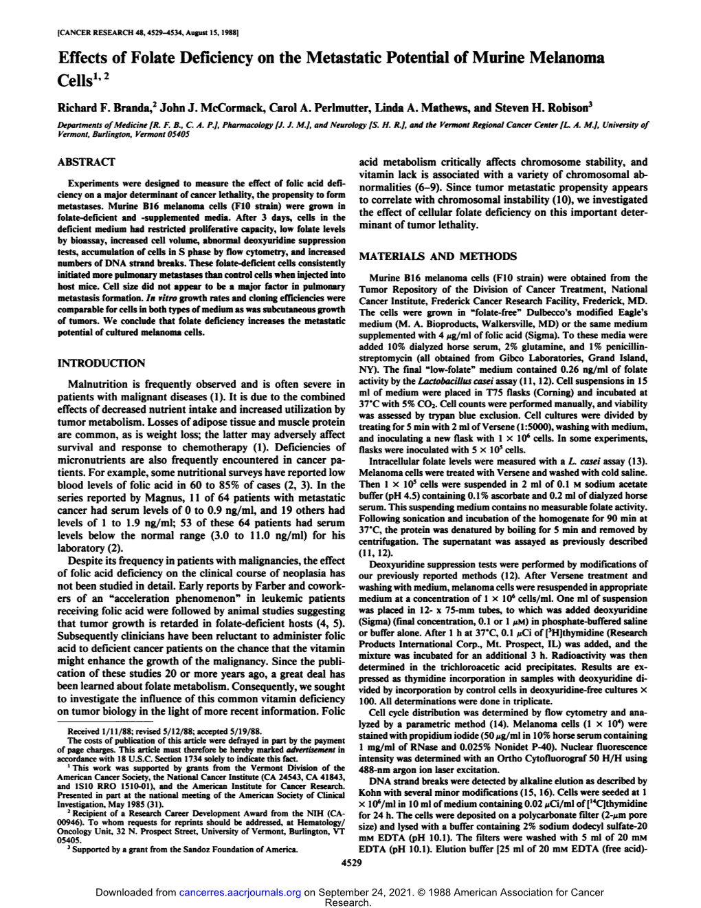 Effects of Folate Deficiency on the Metastatic Potential of Murine Melanoma Cells1'2