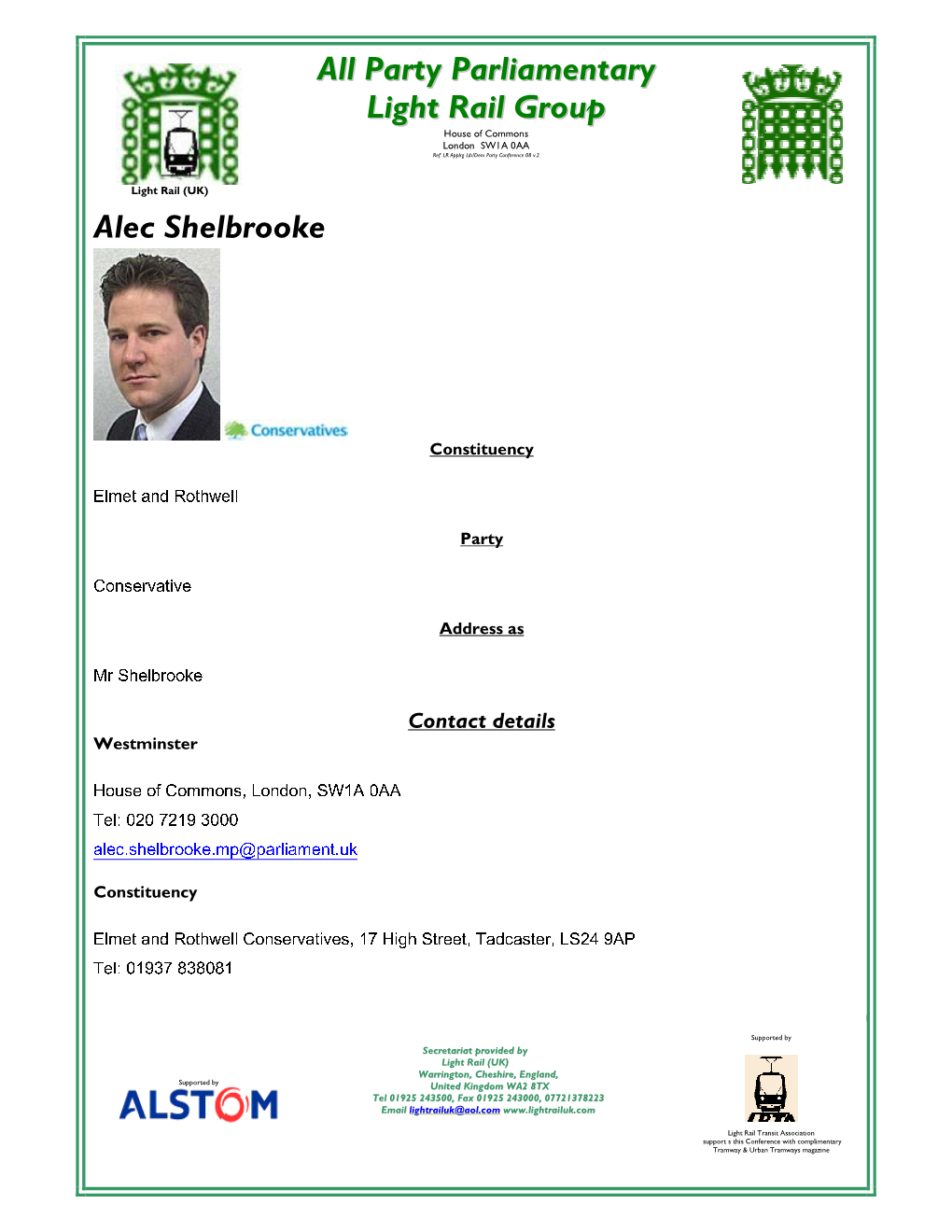 All Party Parliamentary Light Rail Group Alec Shelbrooke