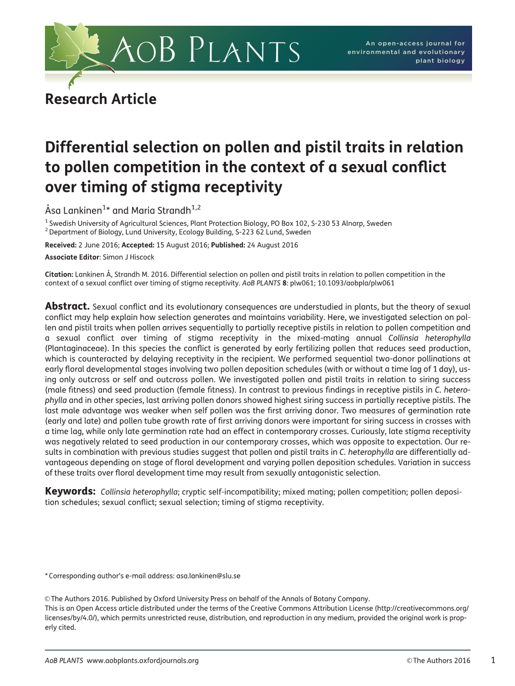 Differential Selection on Pollen and Pistil Traits in Relation to Pollen Competition in the Context of a Sexual Conflict Over Ti
