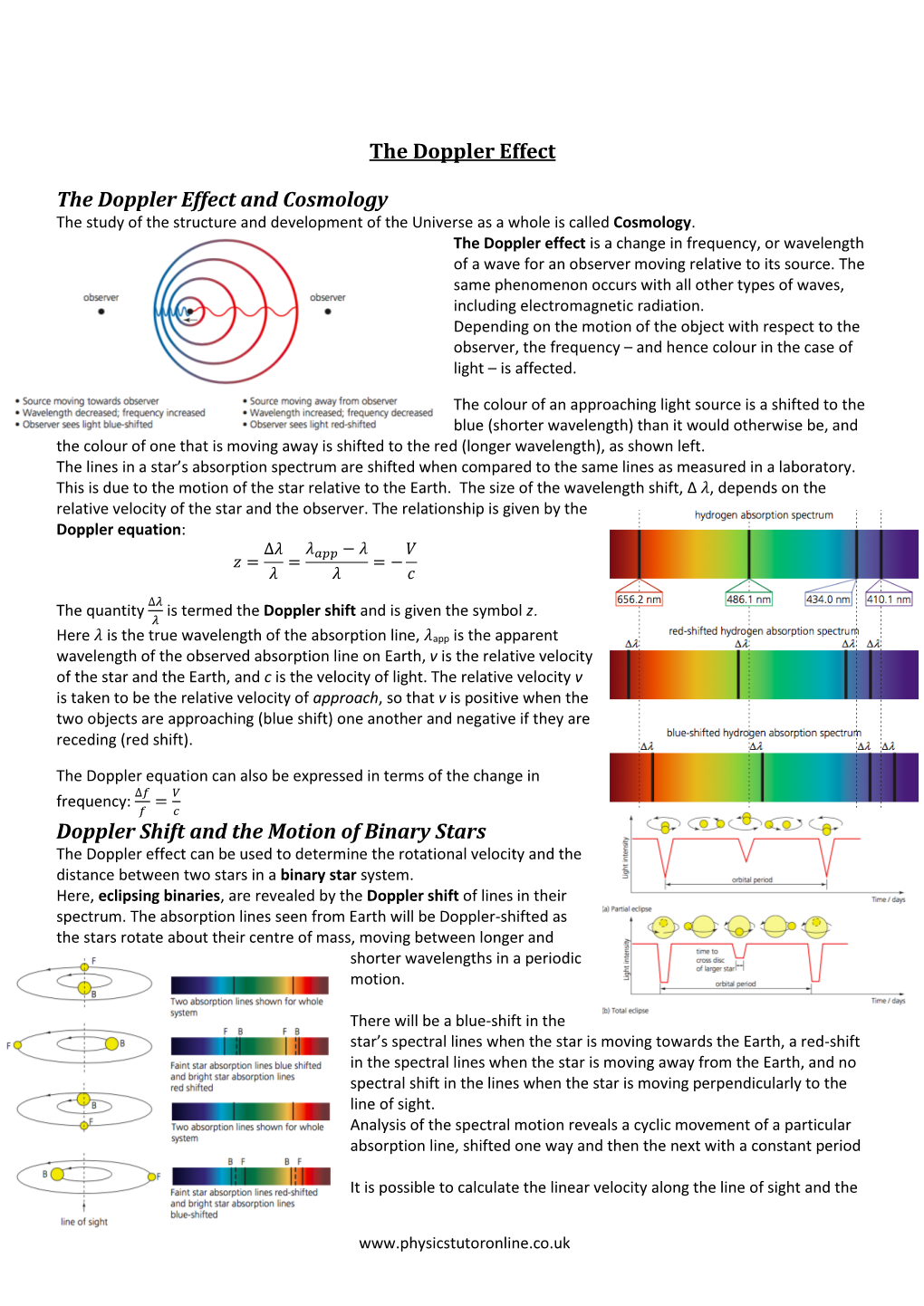 The Doppler Effect the Doppler Effect and Cosmology Doppler Shift and the Motion of Binary Stars