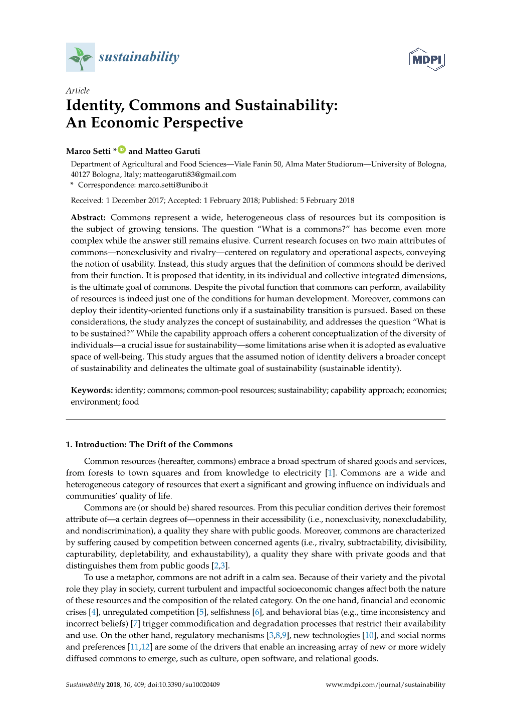 Identity, Commons and Sustainability: an Economic Perspective