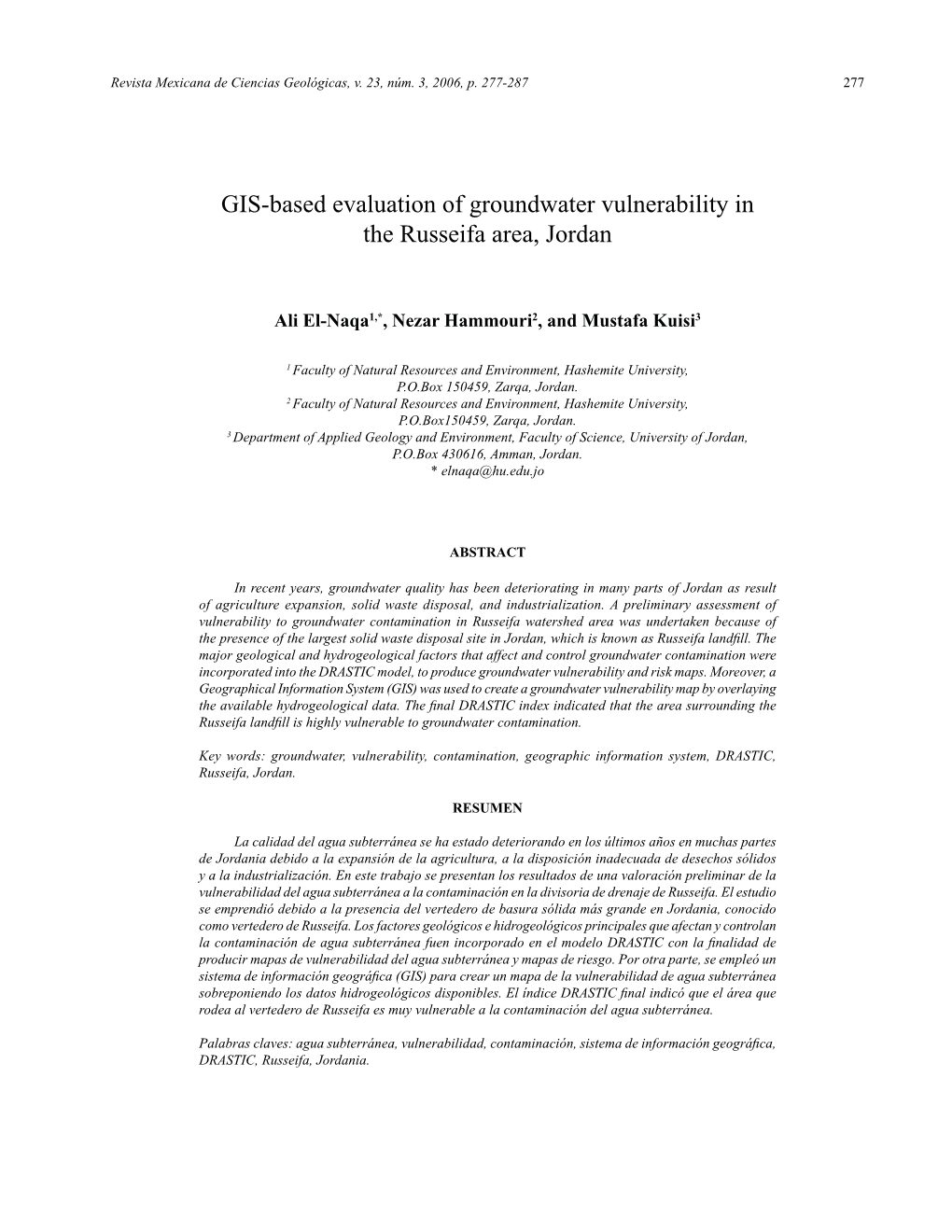 GIS-Based Evaluation of Groundwater Vulnerability in the Russeifa Area, Jordan