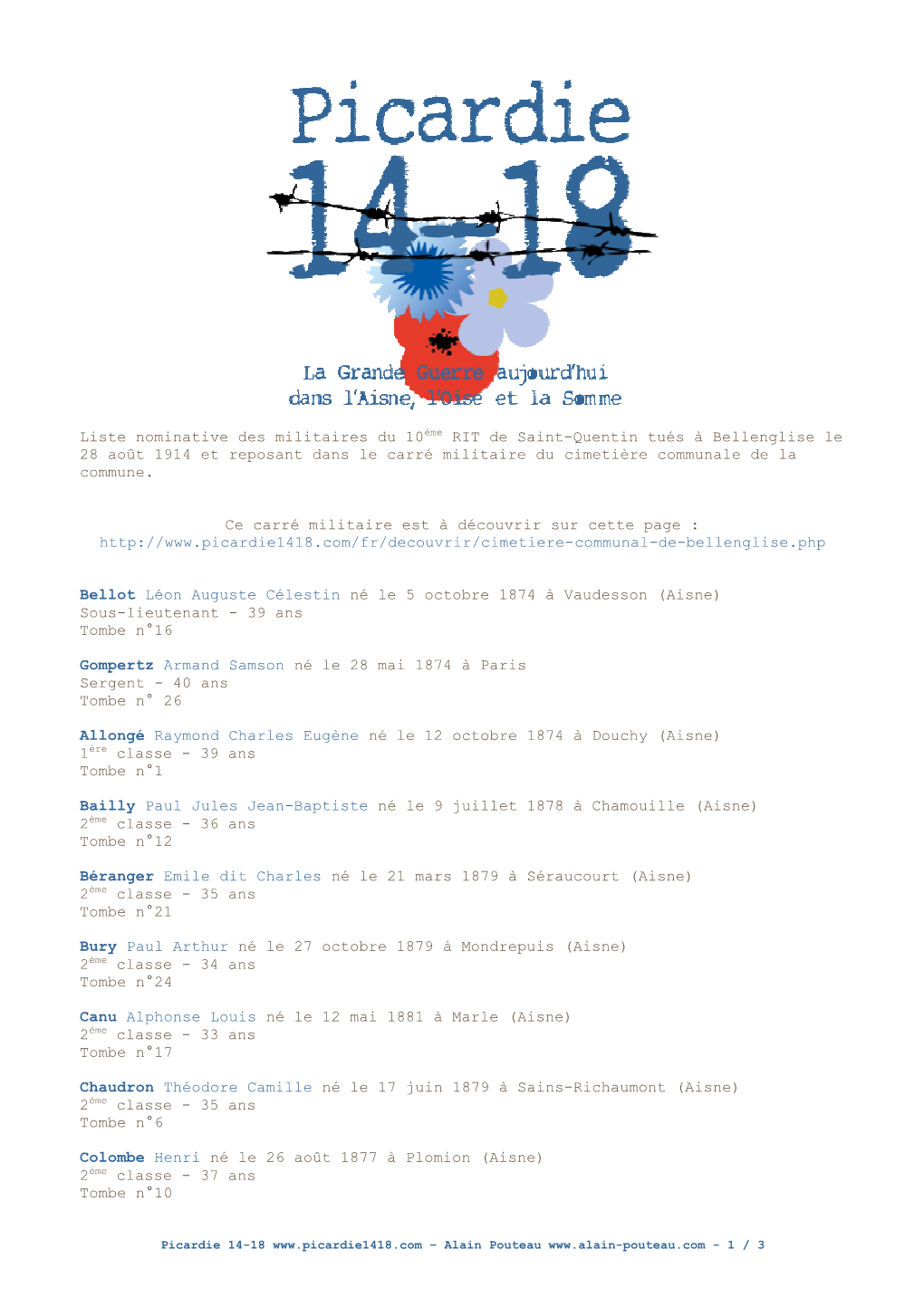 Liste Nominative Des Militaires Du 10Ème RIT De Saint-Quentin Tués À Bellenglise Le 28 Août 1914 Et Reposant Dans Le Carré