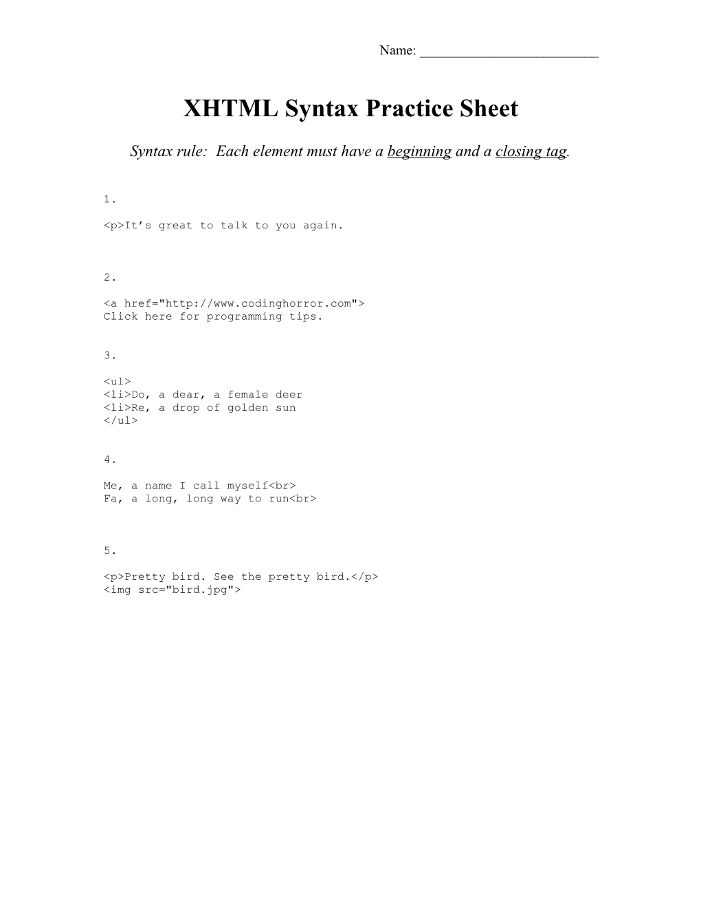 XHTML Syntax Practice