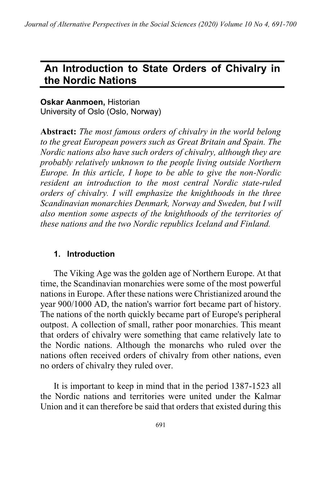 An Introduction to State Orders of Chivalry in the Nordic Nations