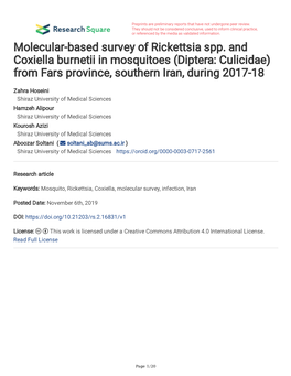 Molecular-Based Survey of Rickettsia Spp. and Coxiella Burnetii in Mosquitoes (Diptera: Culicidae) from Fars Province, Southern Iran, During 2017-18