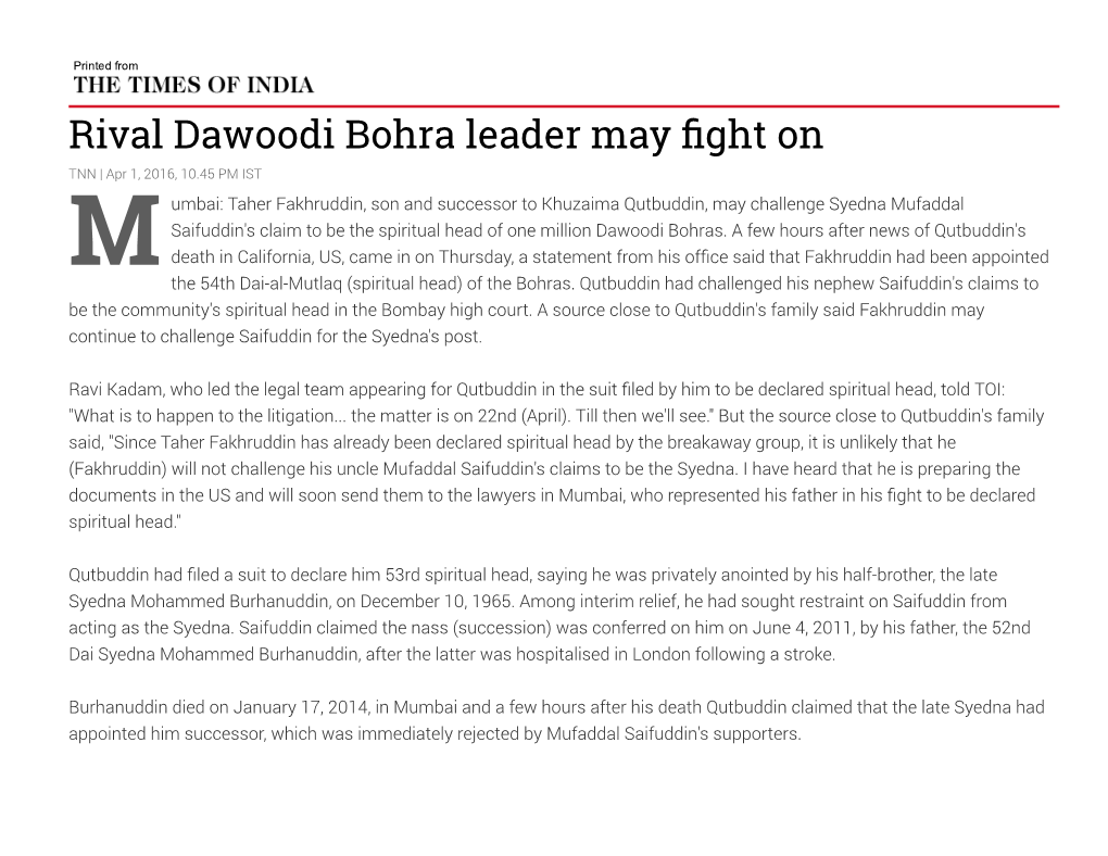 Rival Dawoodi Bohra Leader May Fight On