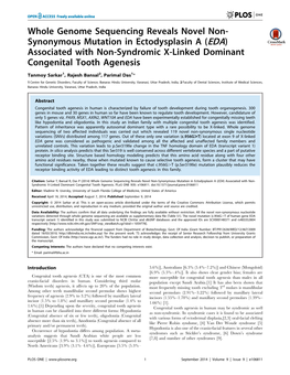 Whole Genome Sequencing Reveals Novel Non- Synonymous Mutation in Ectodysplasin a (EDA) Associated with Non-Syndromic X-Linked Dominant Congenital Tooth Agenesis