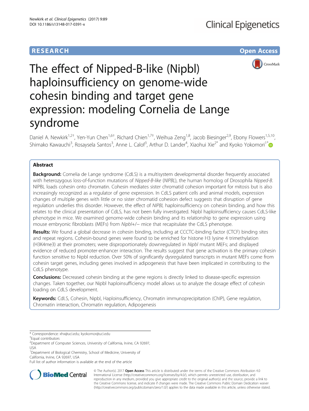 (Nipbl) Haploinsufficiency on Genome-Wide Cohesin Binding and Target Gene Expression: Modeling Cornelia De Lange Syndrome Daniel A