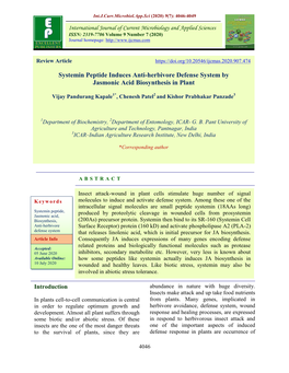 Systemin Peptide Induces Anti-Herbivore Defense System by Jasmonic Acid Biosynthesis in Plant