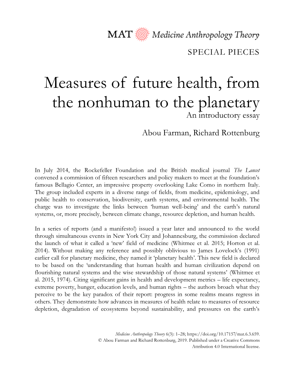 Measures of Future Health, from the Nonhuman to the Planetary an Introductory Essay