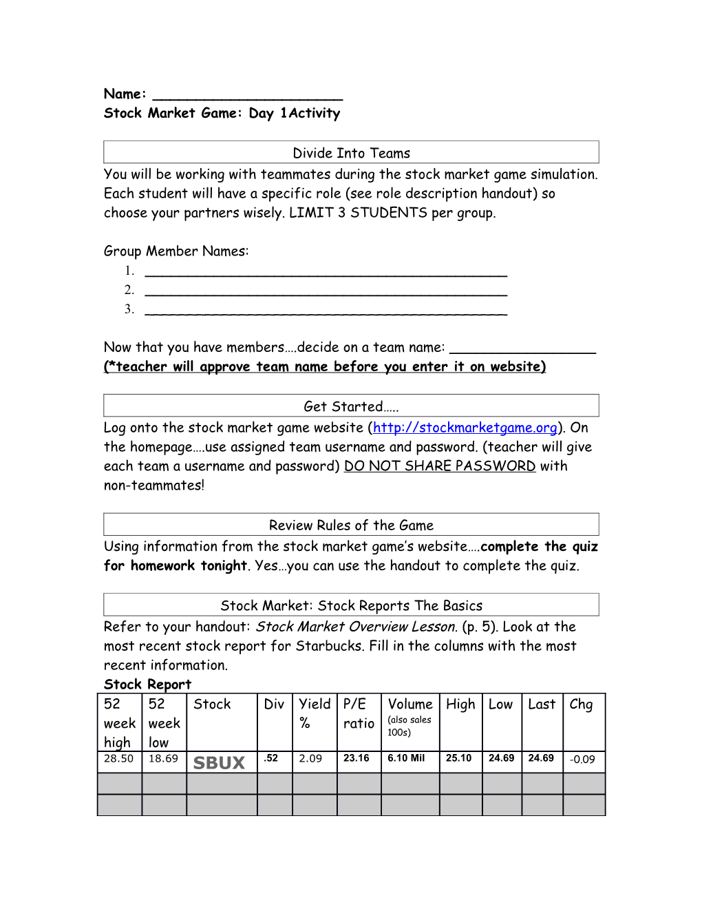 Stock Market Game: Day 1 Activity