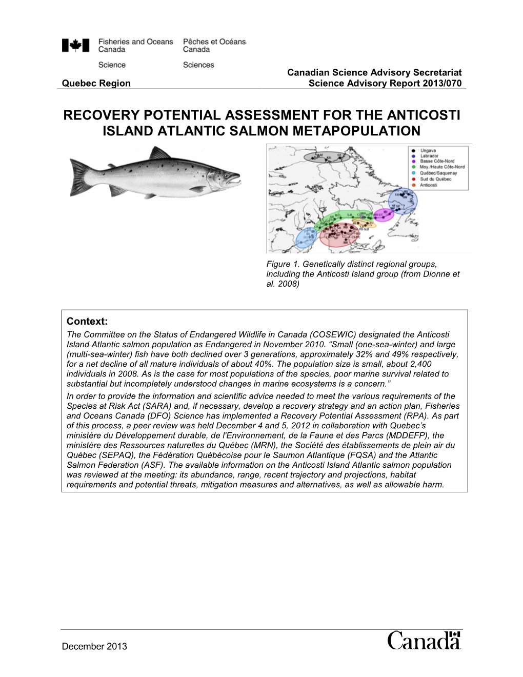 Recovery Potential Assessment for the Anticosti Island Atlantic Salmon Metapopulation