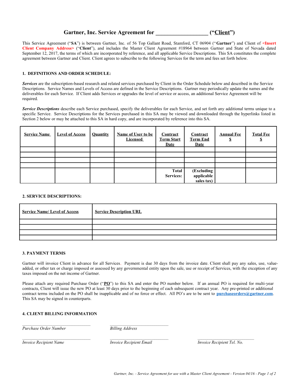 US Service Agreement for Use Where Client Has Current MCA