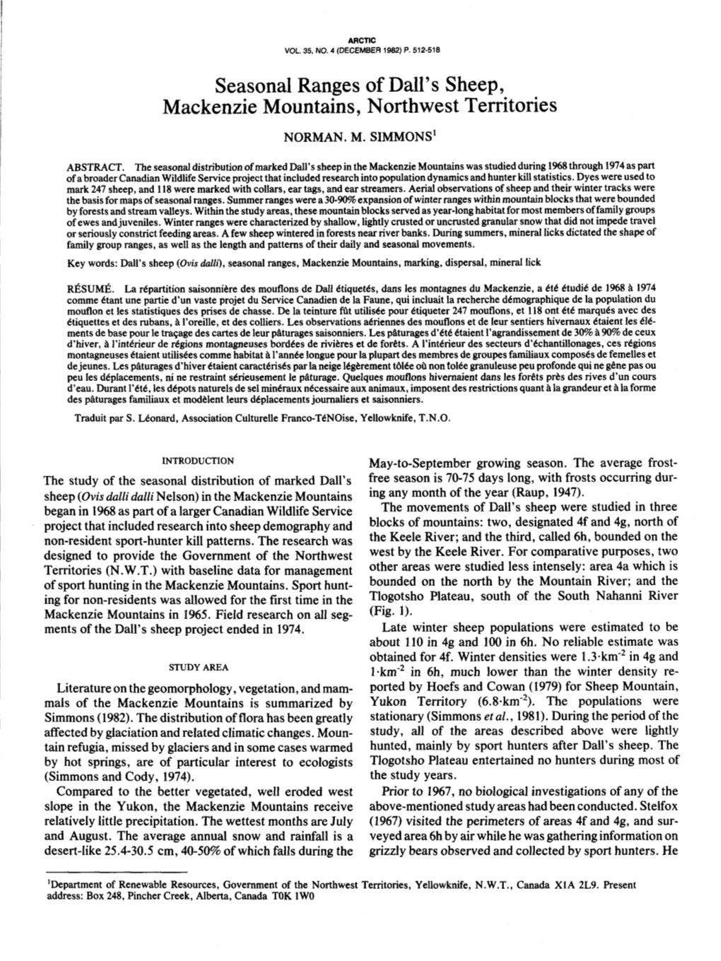 Seasonal Ranges of Dall's Sheep, Mackenzie Mountains, Northwest Territories