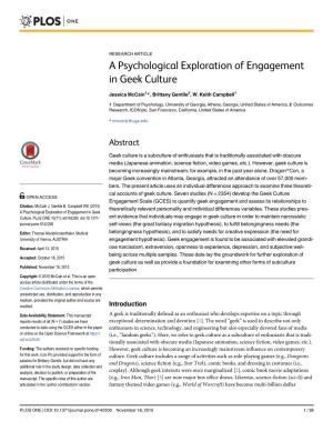 A Psychological Exploration of Engagement in Geek Culture