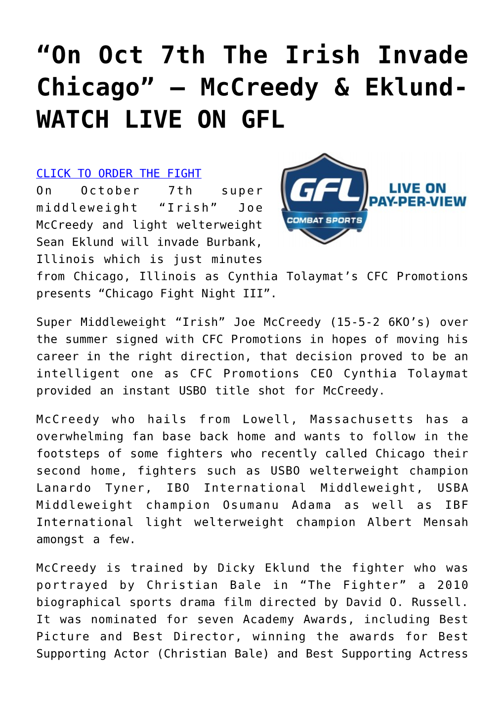 On Oct 7Th the Irish Invade Chicago” – Mccreedy & Eklund- WATCH LIVE on GFL