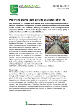 PRESS RELEASE Paper and Plastic Sacks Provide Equivalent Shelf Life