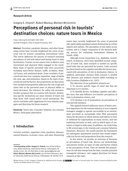 Perceptions of Personal Risk in Tourists' Destination Choices