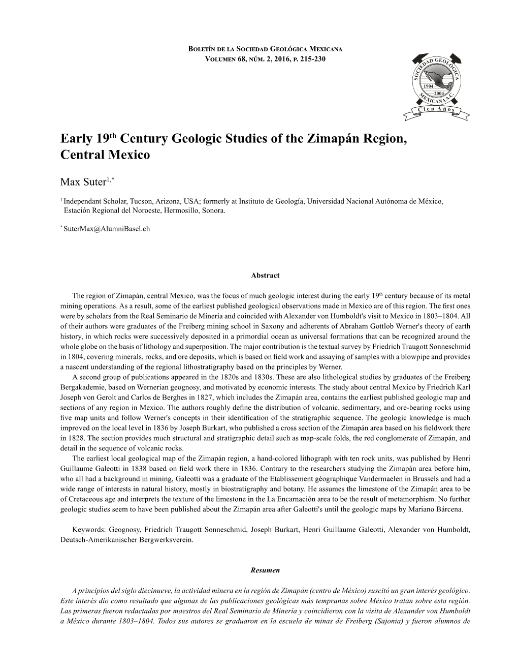 Early 19Th Century Geologic Studies of the Zimapán Region, Central Mexico