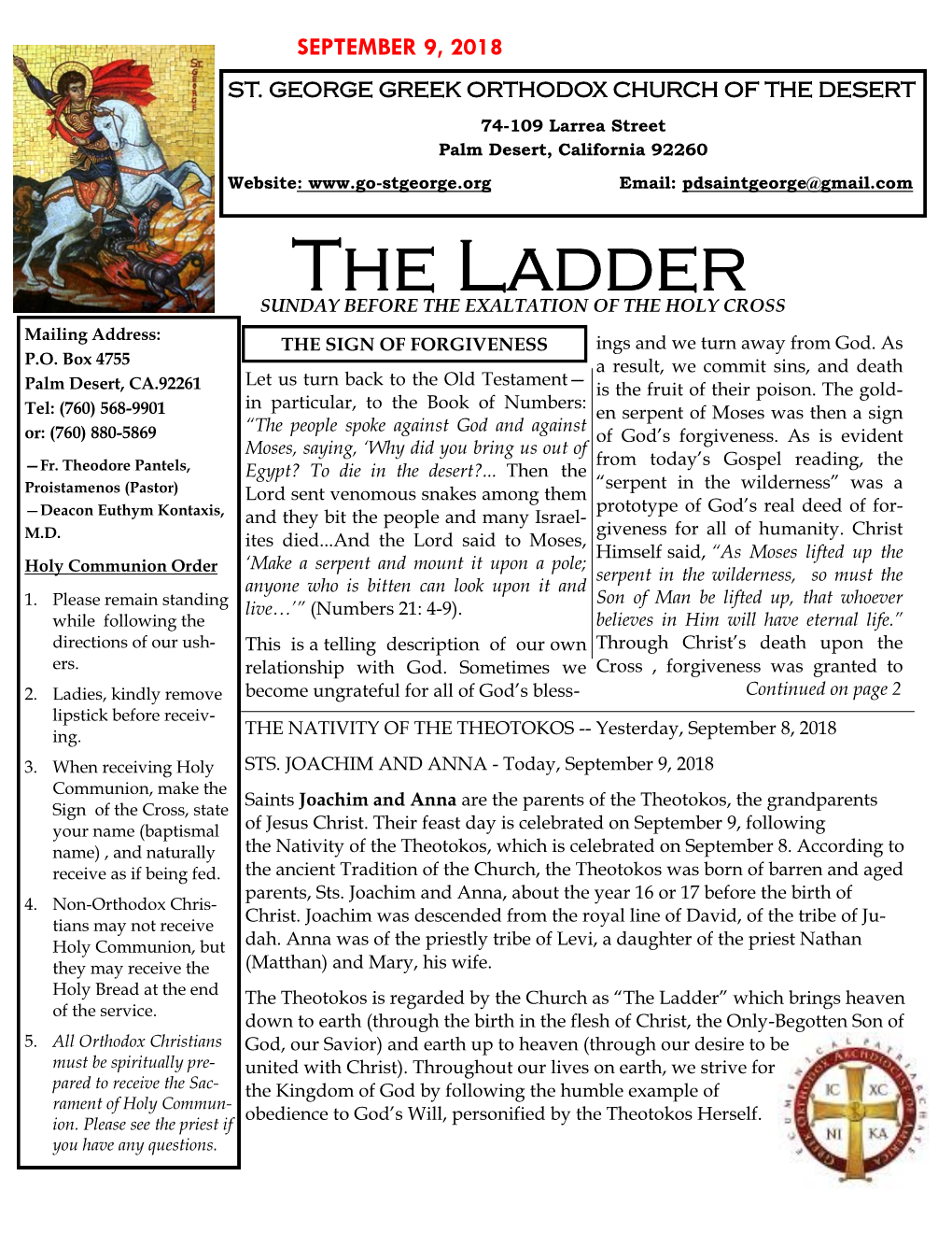 The Ladder SUNDAY BEFORE the EXALTATION of the HOLY CROSS Mailing Address: the SIGN of FORGIVENESS Ings and We Turn Away from God