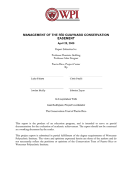 MANAGEMENT of the RÍO GUAYNABO CONSERVATION EASEMENT April 28, 2008