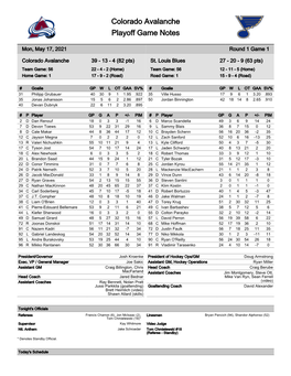 Colorado Avalanche Playoff Game Notes