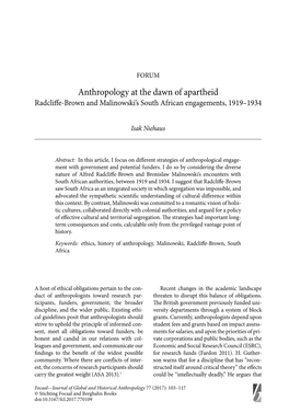 Anthropology at the Dawn of Apartheid Radcliff E-Brown and Malinowski’S South African Engagements, 1919–1934