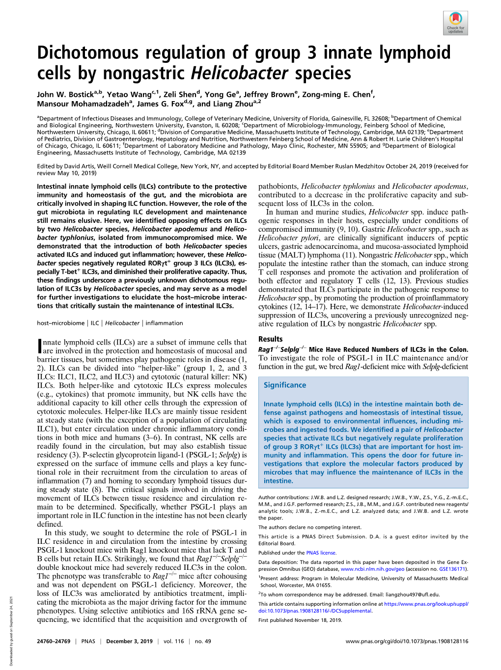 Dichotomous Regulation of Group 3 Innate Lymphoid Cells by Nongastric Helicobacter Species