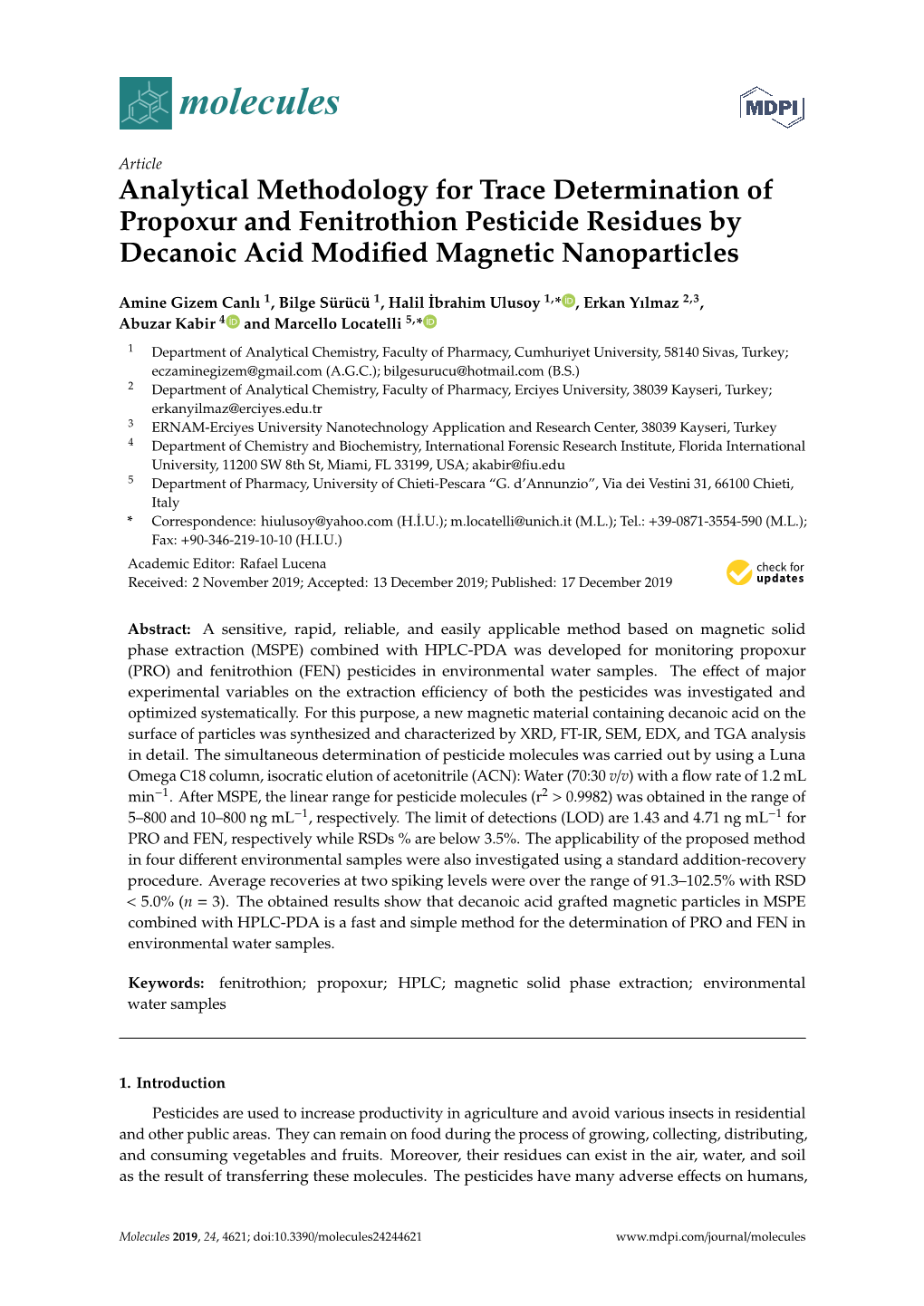 Analytical Methodology for Trace Determination of Propoxur and Fenitrothion Pesticide Residues by Decanoic Acid Modiﬁed Magnetic Nanoparticles