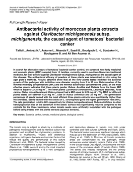 Antibacterial Activity of Moroccan Plants Extracts Against Clavibacter Michiganensis Subsp