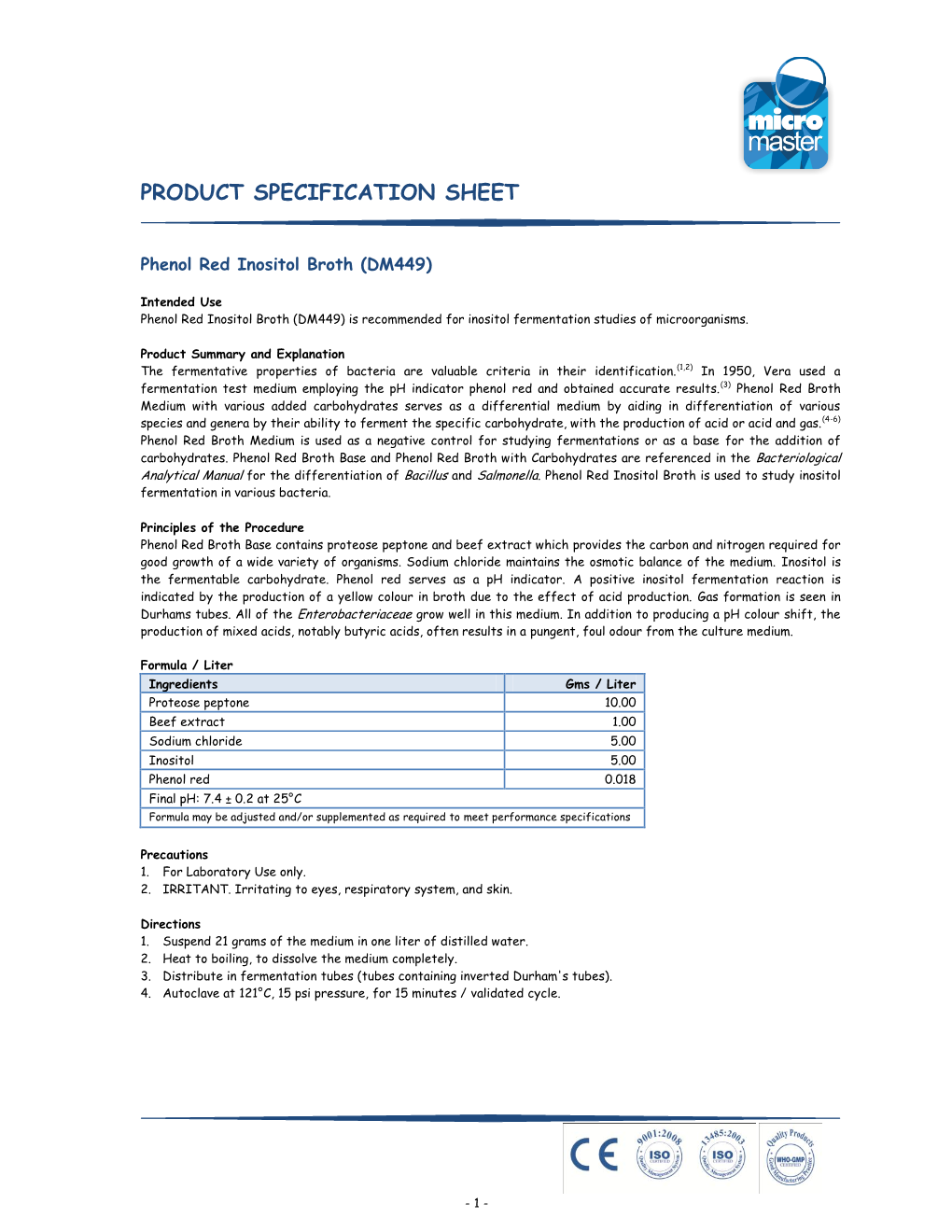 Product Specification Sheet