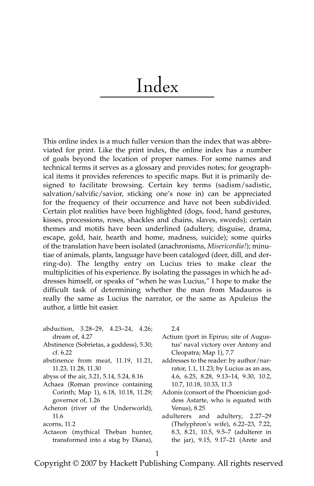 Apuleius, Golden Ass Index