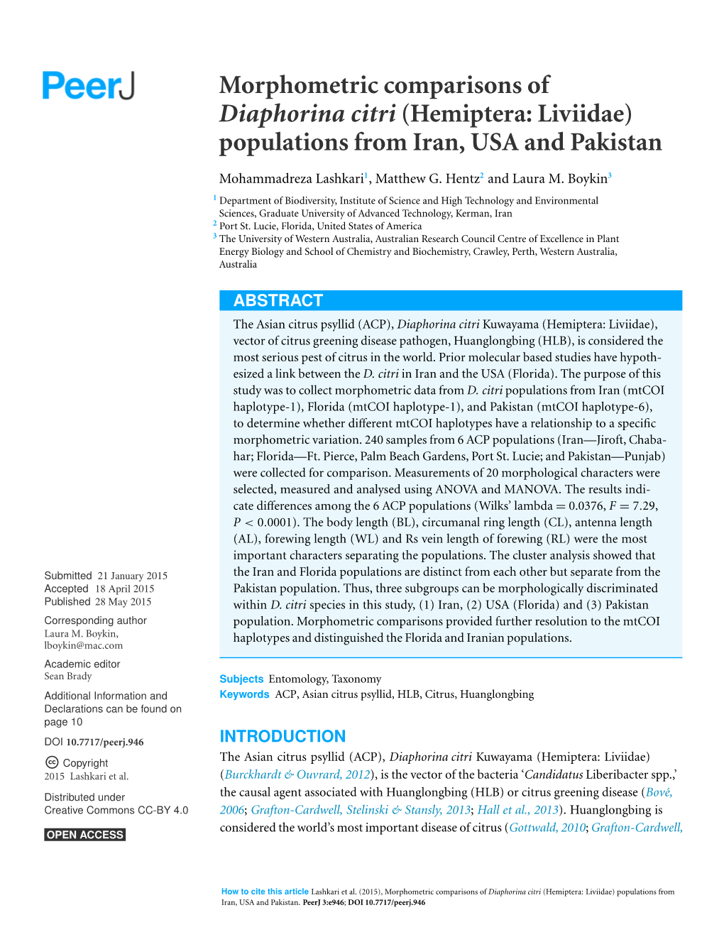 Morphometric Comparisons of Diaphorina Citri (Hemiptera: Liviidae) Populations from Iran, USA and Pakistan