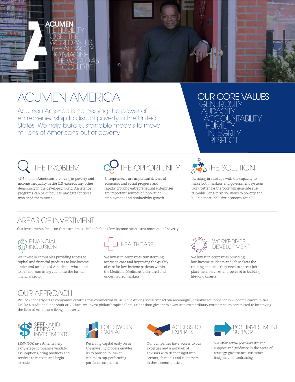 ACUMEN AMERICA OUR CORE VALUES GENEROSITY Acumen America Is Harnessing the Power of AUDACITY Entrepreneurship to Disrupt Poverty in the United ACCOUNTABILITY States