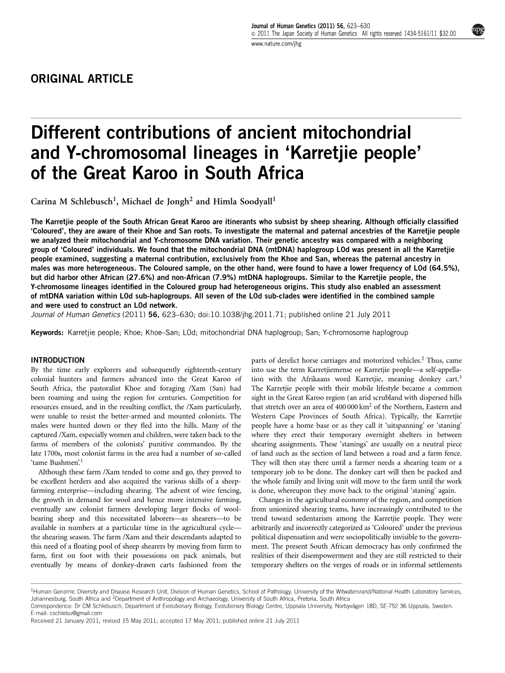 Different Contributions of Ancient Mitochondrial and Y-Chromosomal Lineages in ‘Karretjie People’ of the Great Karoo in South Africa