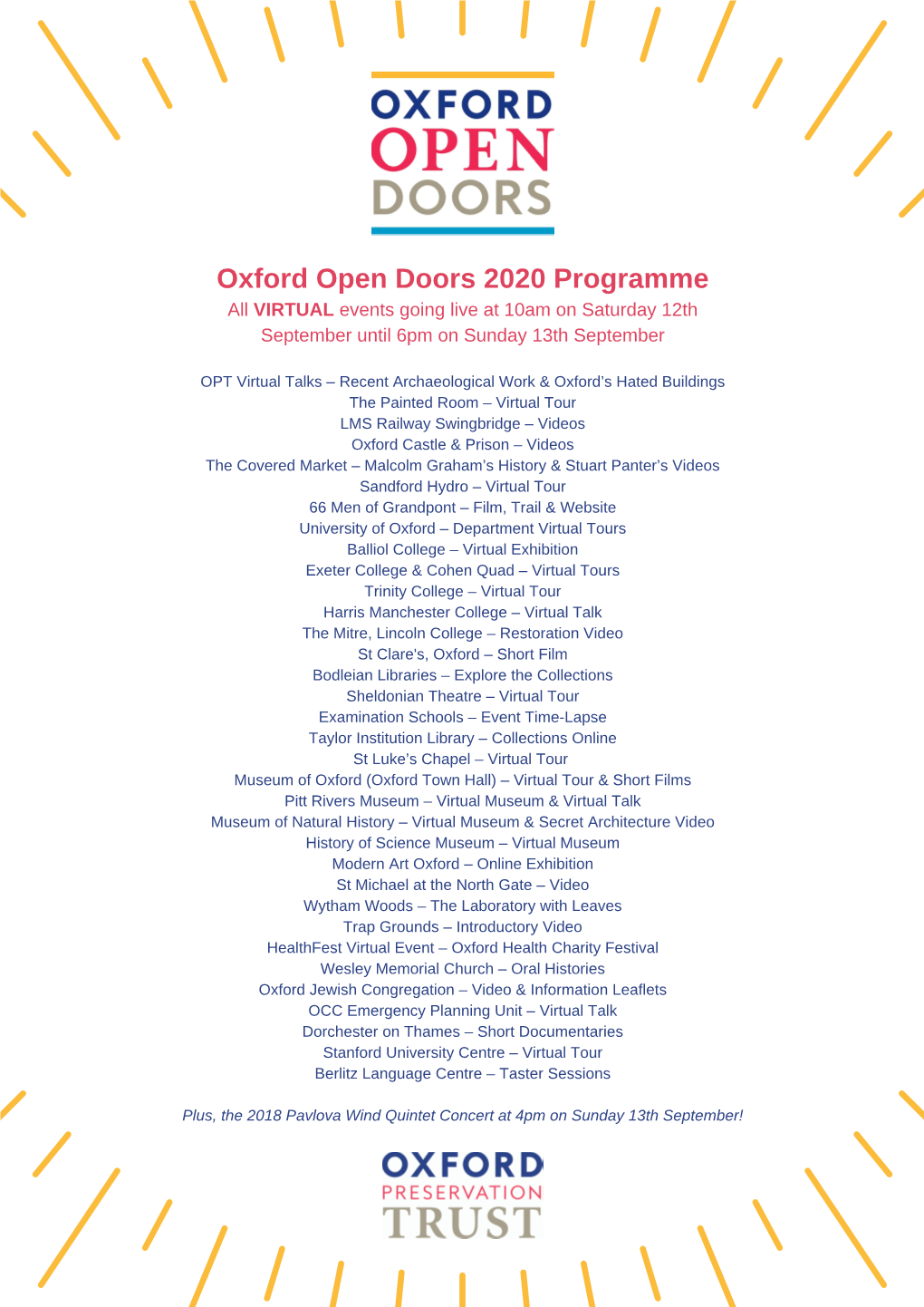 Oxford Open Doors 2020 Programme All VIRTUAL Events Going Live at 10Am on Saturday 12Th September Until 6Pm on Sunday 13Th September