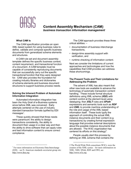Content Assembly Mechanism (CAM) Business Transaction Information Management
