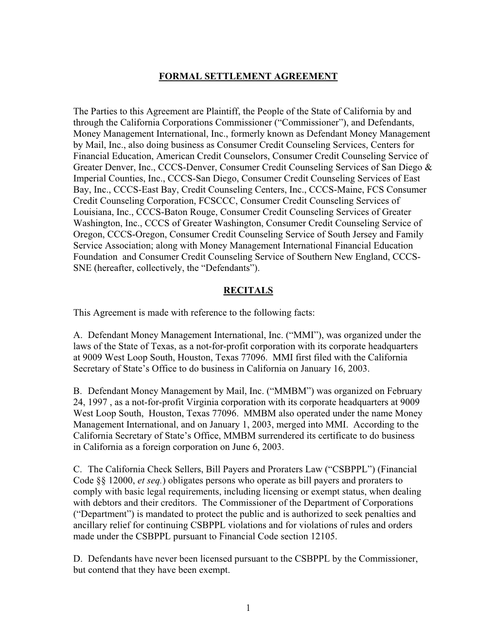 California Department of Corporations-Formal Settlement Agreement