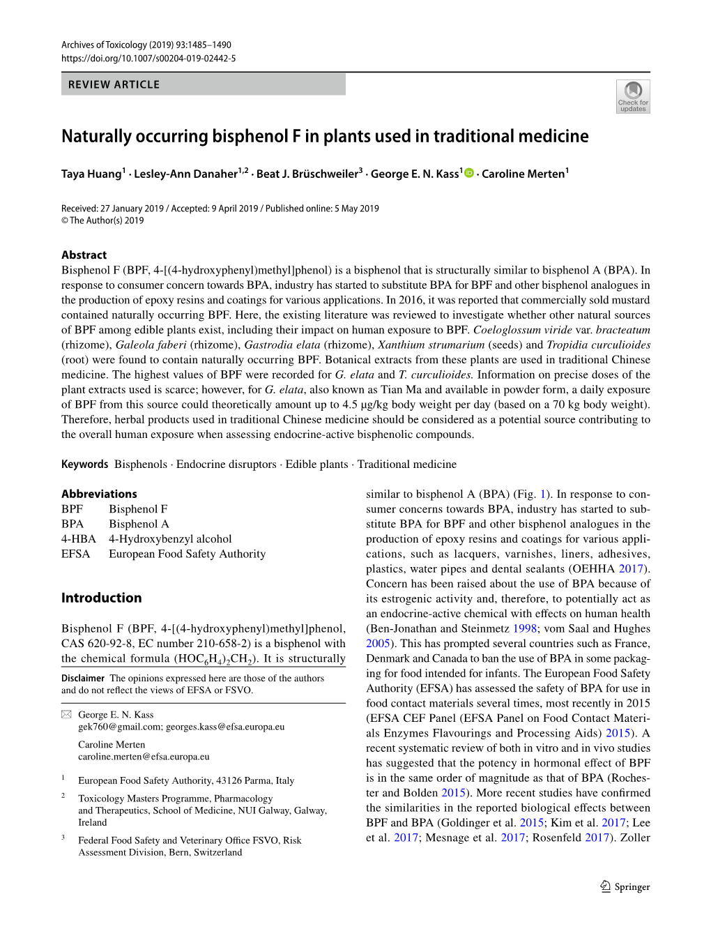 Naturally Occurring Bisphenol F in Plants Used in Traditional Medicine